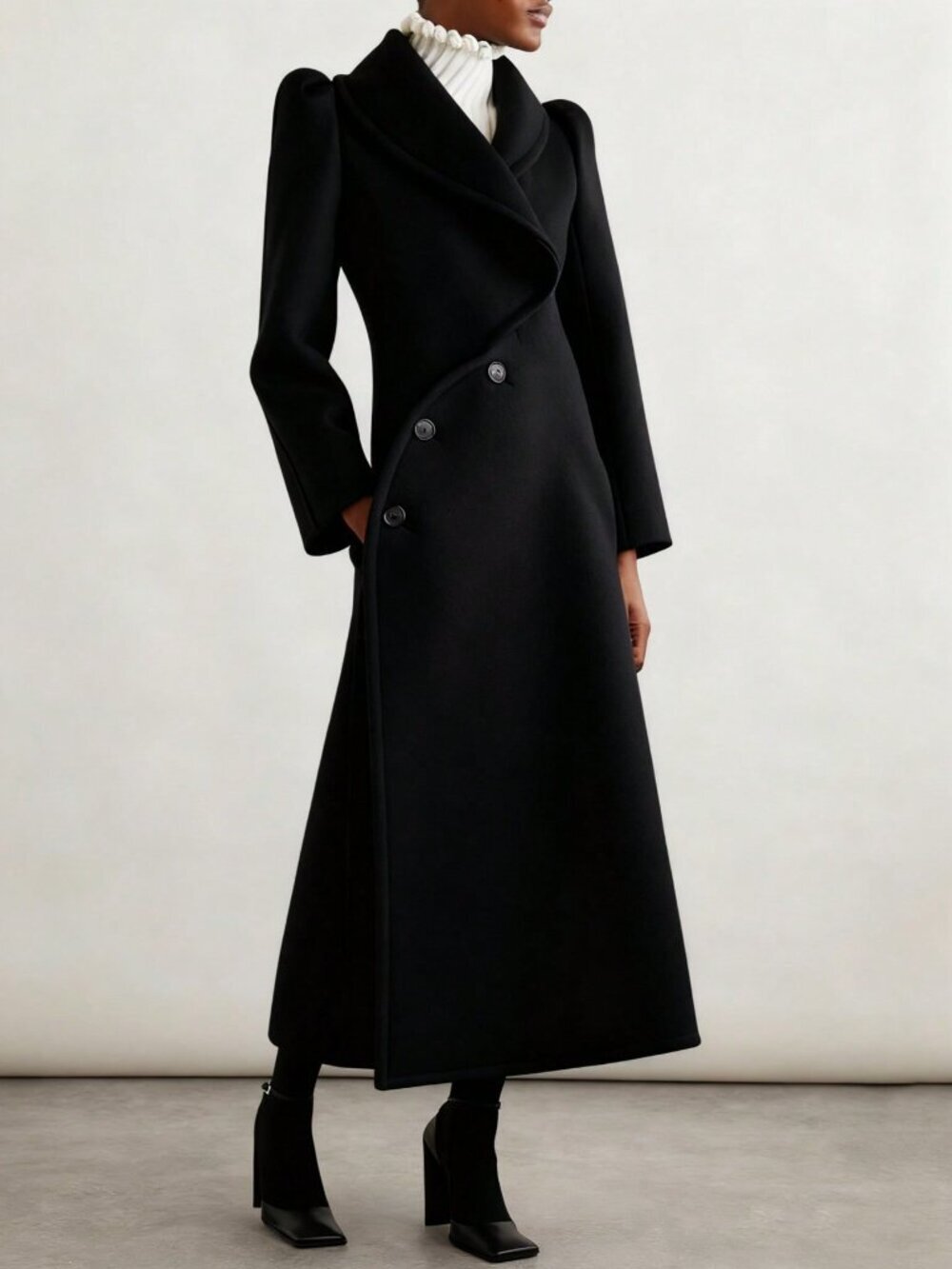 Black Elegant Women's Double-Breasted Long Coat
